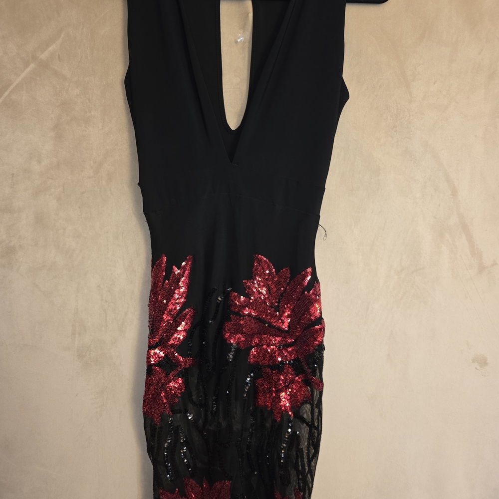 Black Dress with Red Sequin Floral Detail - Women's Evening Dress